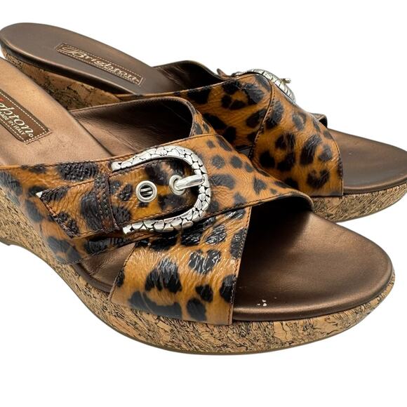 Brighton Summer Leopard Patent Leather Classic Buckle Cork Wedge Sandals - Picture 8 of 11
